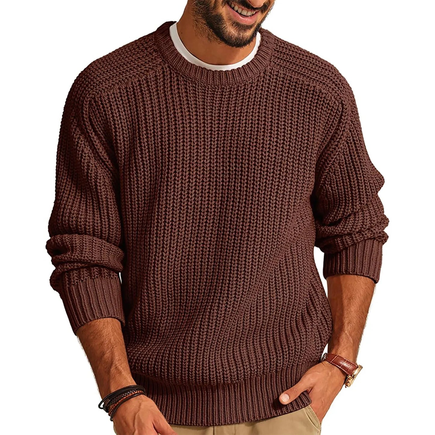 Autumn Winter Casual Brushed Knitted Sweater Men Round Neck Long Sleeve Base Shirt Tops Solid Color Loose Plain Sweaters