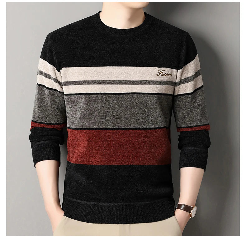 Mens Chenille Sweaters Fashion Knitting Pullover Striped Men's Autumn Winter Top Clothes Round Neck Knitted Sweaters