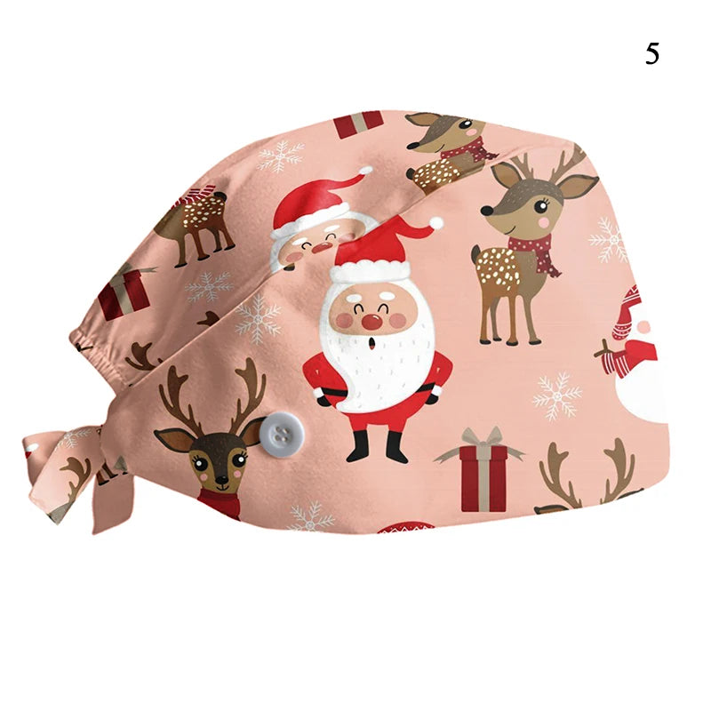 New Christmas Scrubs Caps Santa Claus Print Cap Pet Grooming Agency Work Scrubs Hat Beauty Work Hats Lab Nursing Cap