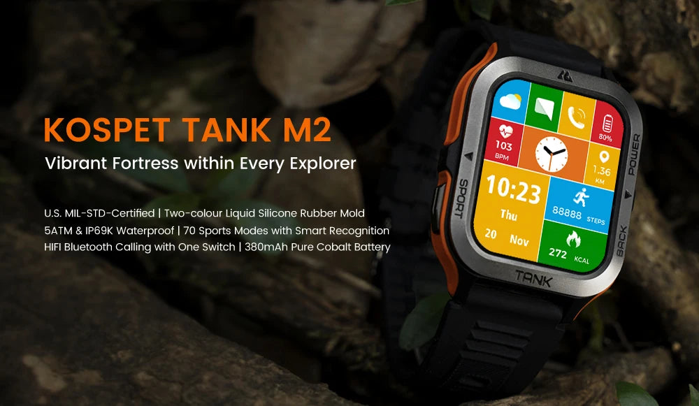 Original KOSPET TANK M2 Smart Watch For Men Military Smartwatch Men's Fitness 380mAh 70 Sport Mode 5ATM IP69K Waterproof Watches