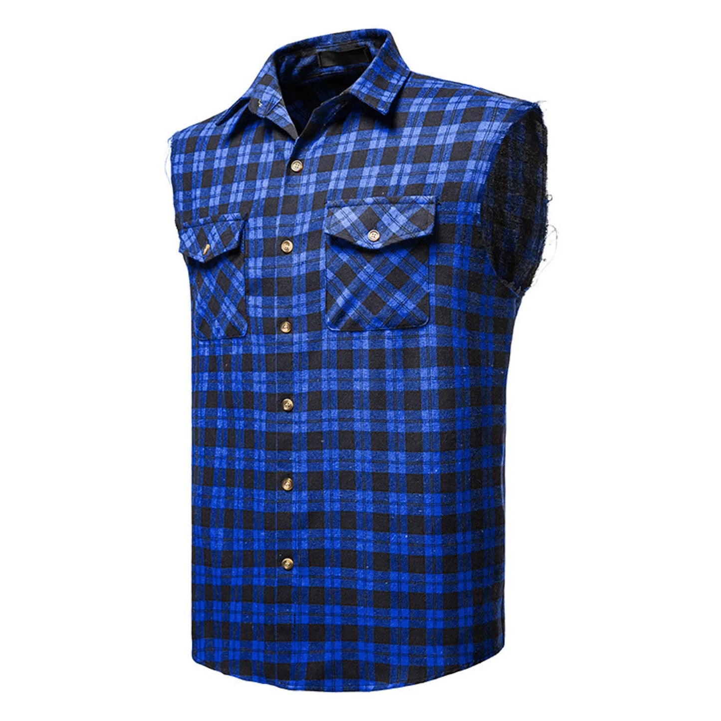 Men's Casual Flannel Plaid Shirt Sleeveless Double Pocket Cowboy Button Down Shirts Men Cotton Plus Size Vest Checkered Top 2XL