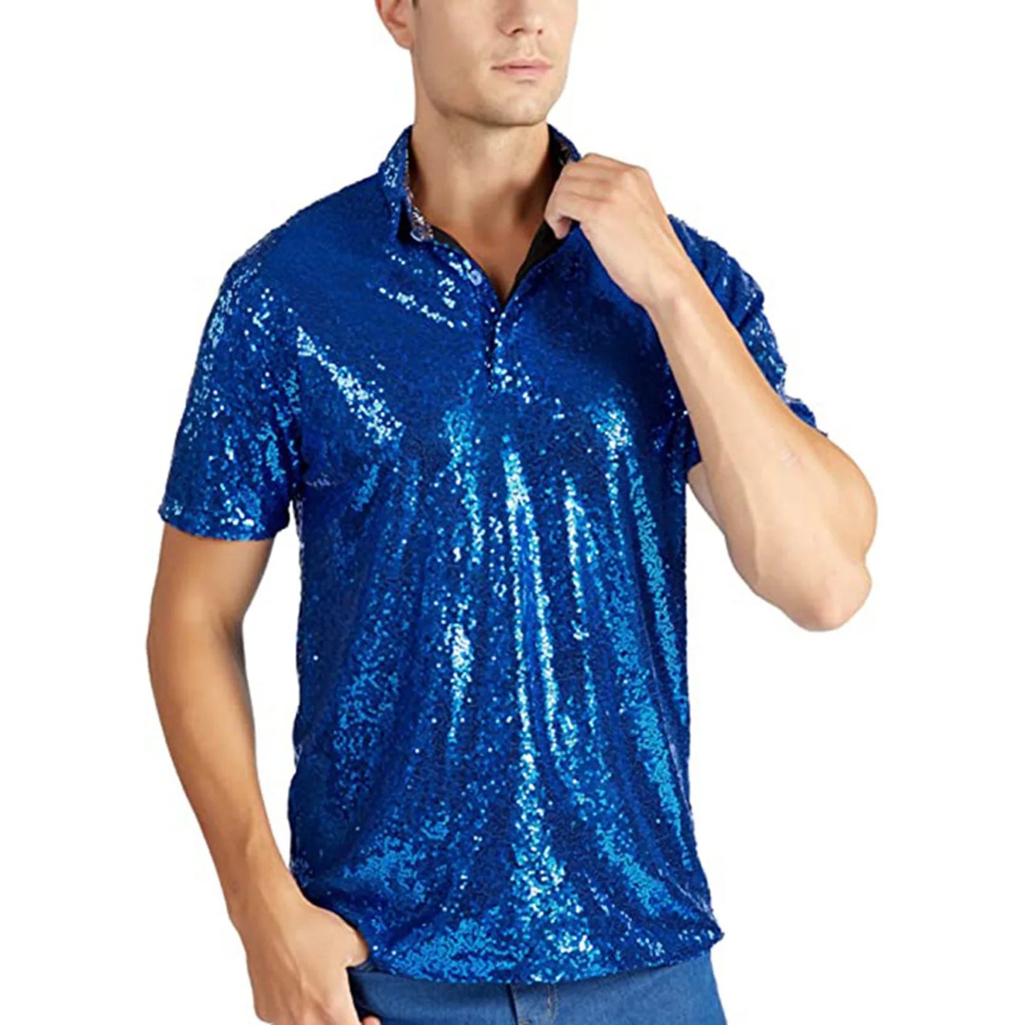 Men'S Relaxed Short Sleeve Turndown Sparkles Sequins Polos Shirts 70s Disco Nightclub Party T Shirts Shirt Men'S Clothing