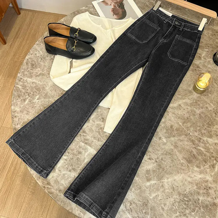 New High Waist Trousers Loose Washed Jeans Pockets Slim Denim Flare Classic Women Vintage Stretch Straight Trousers All-match