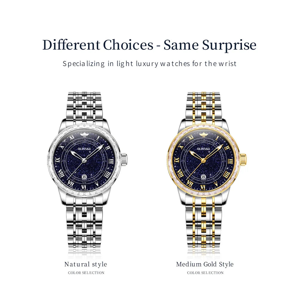 OUPINKE Top Luxury Brand Women's Watches Calendar Automatic Mechanical Watch Starry Sky Dial Romantic Gift Female Wristwatch