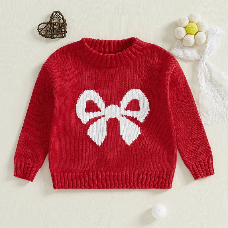 Girls Ribbed Knitted Sweater with Bow Pattern Long Sleeve Round Neck Pullover for Little Ones