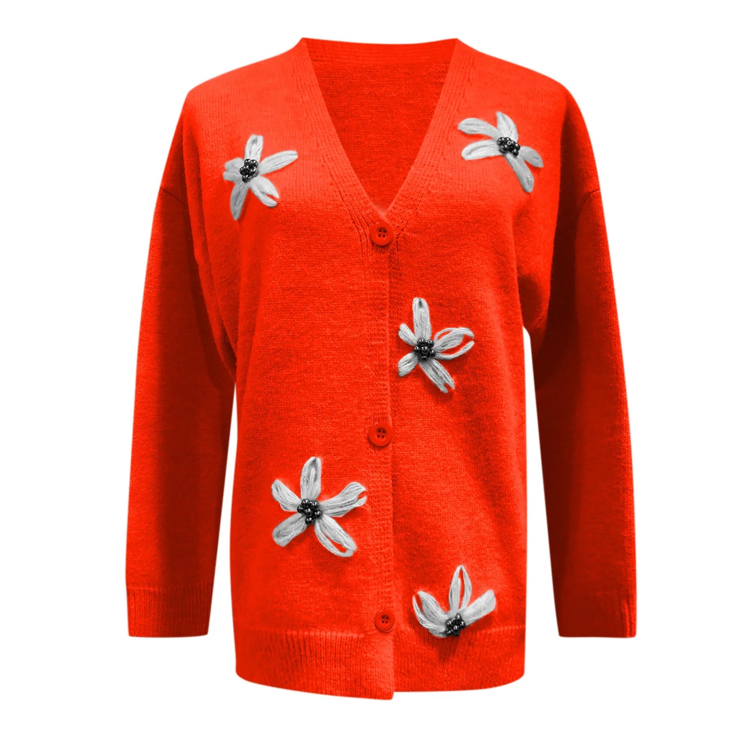 Women's Floral Embroidered Knit Sweater Cardigan Slim V-Neck Long Sleeve Sweater Cardigans Button Down Knitted Sweater Blouse