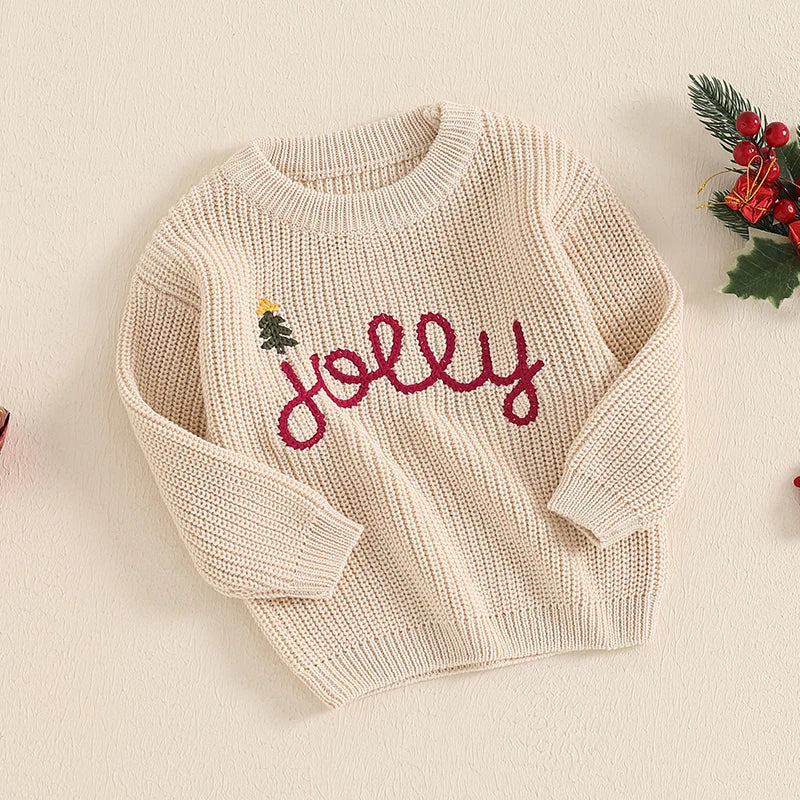 0-36months Baby Christmas Sweaters Lettering Embroidered Cozy Long Sleeve Ribbed Knit Pullover for Toddlers Boys And Girls