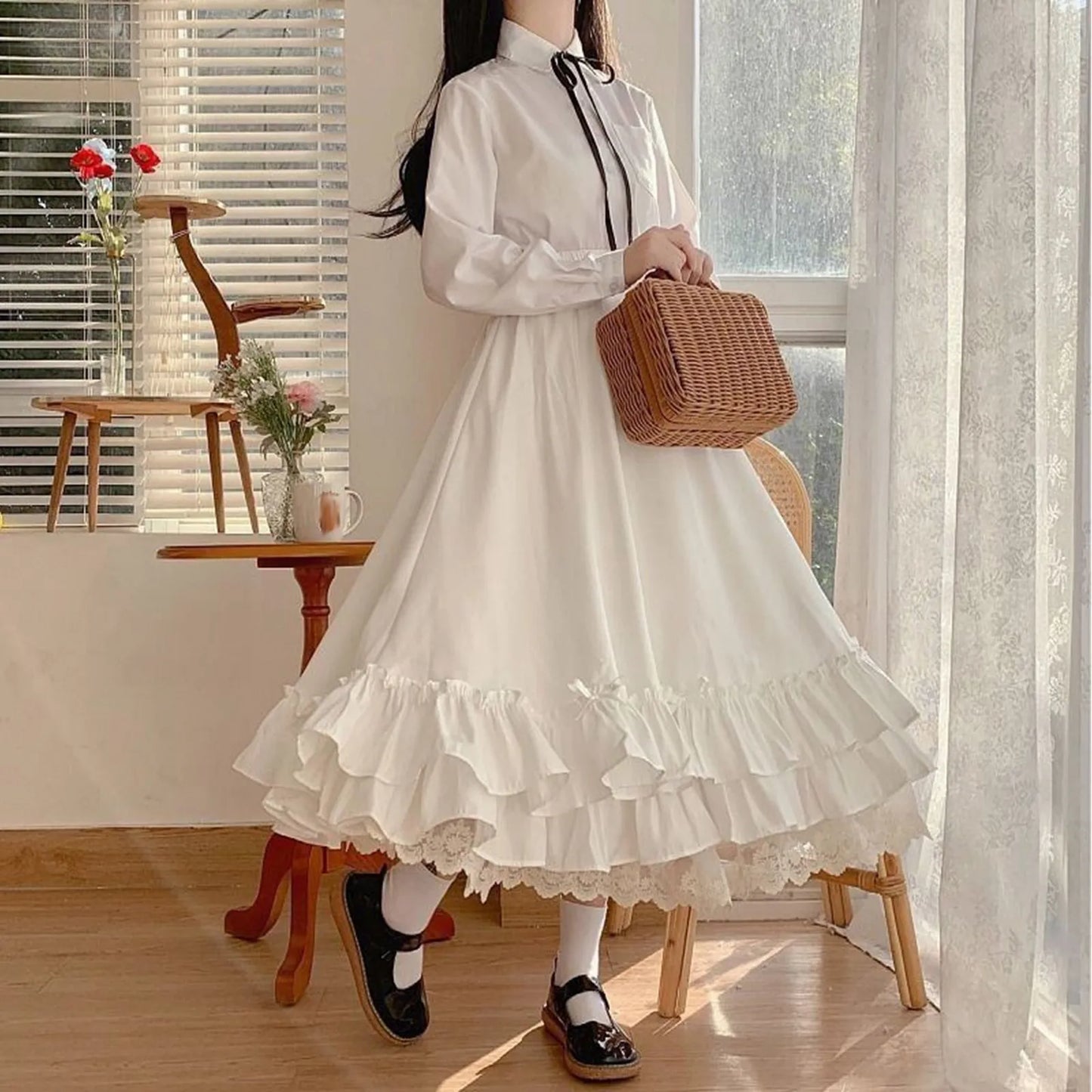 Sweet Heart Lolita Costumes Women's Ruffles Hem Bowknot Japanese Style A-Line Skirt Princess Layer High Waist Lace Skirt