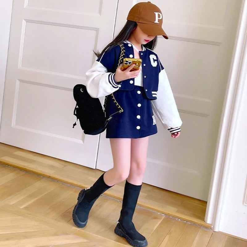 Baseball Coats+Slim Skirt 2Pcs Clothing Sets Spring Autumn Teen Girls Fashion Sports Outfits Kids Letter Print Tracksuit 3-14 Y