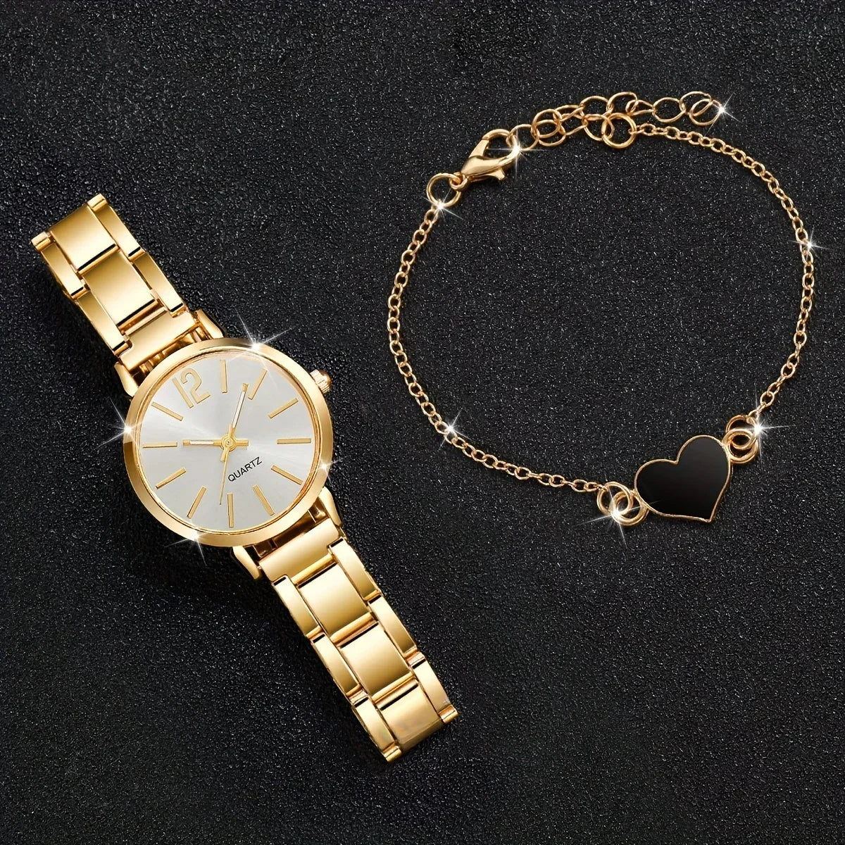 Golden Watches Heart Charm Bracelet 2pcs Set Fashion Quartz Wristwatches for Women Gifts Luxury Ladies Watch Relogio Feminino