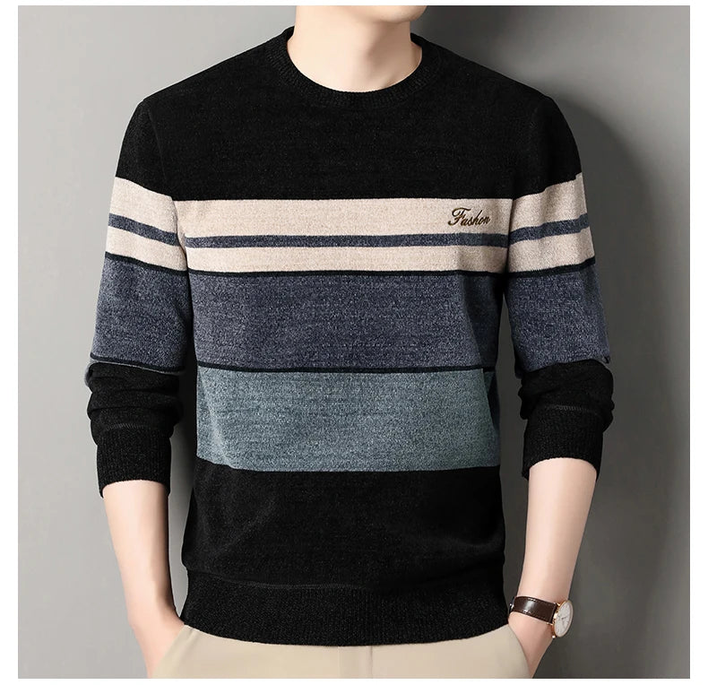 Mens Chenille Sweaters Fashion Knitting Pullover Striped Men's Autumn Winter Top Clothes Round Neck Knitted Sweaters