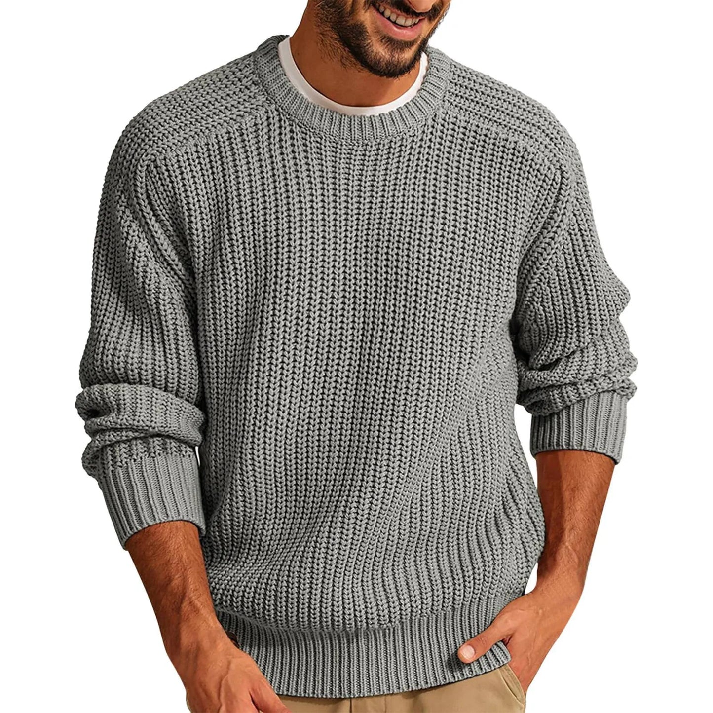 Autumn Winter Casual Brushed Knitted Sweater Men Round Neck Long Sleeve Base Shirt Tops Solid Color Loose Plain Sweaters