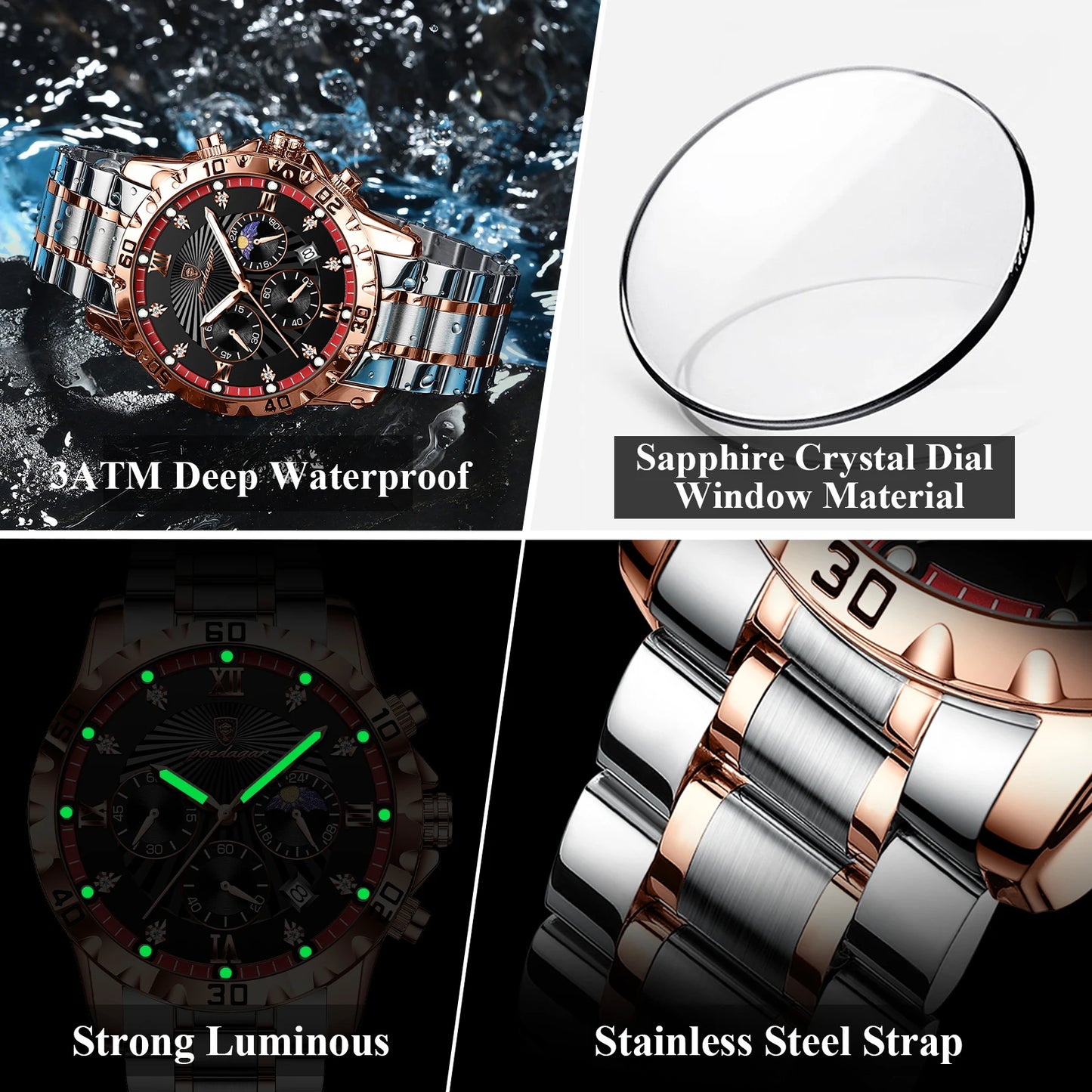 POEDAGAR Luxury Military Watch For Men Waterproof Luminous Chronograph Date Man Wristwatch Stainless Steel Quartz Men's Watches