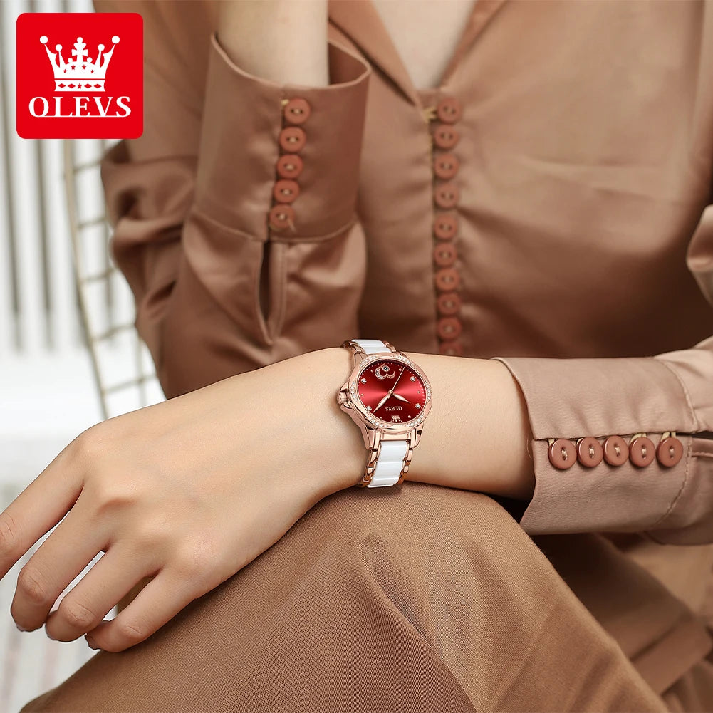 OLEVS 6631 Luxury Date Mechanical Watch For Women Original Ceramic Steel Strap Woman Wristwatch Deep Waterproof Dress Watches