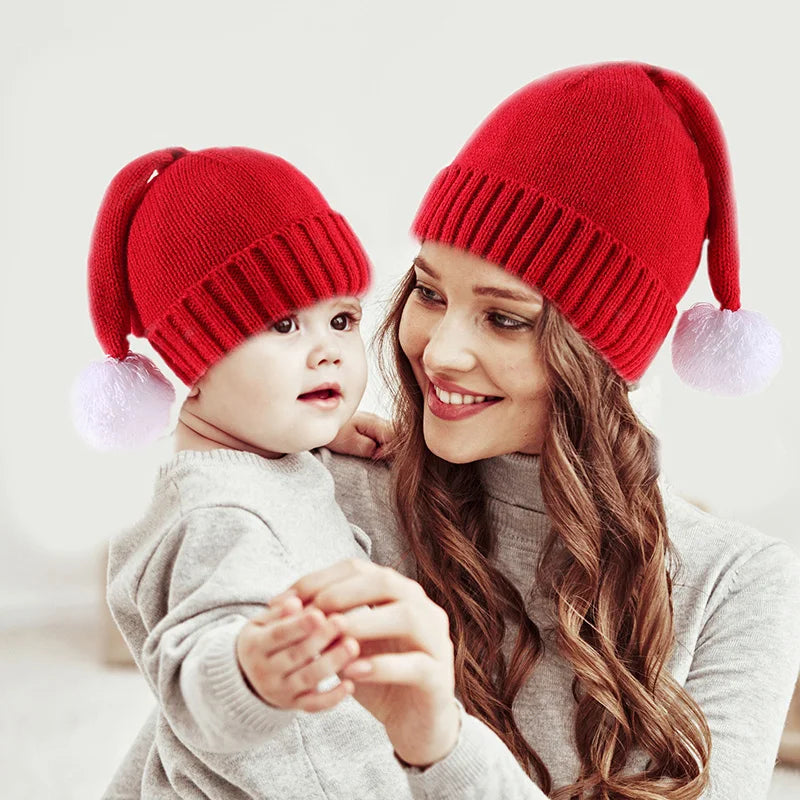 Parent-Child Christmas Hat Big Pompom Mother Kids Knit Beanie Cap Winter Warm Infant Bonnet Girls Boy Xmas Baby Accessories 1PC