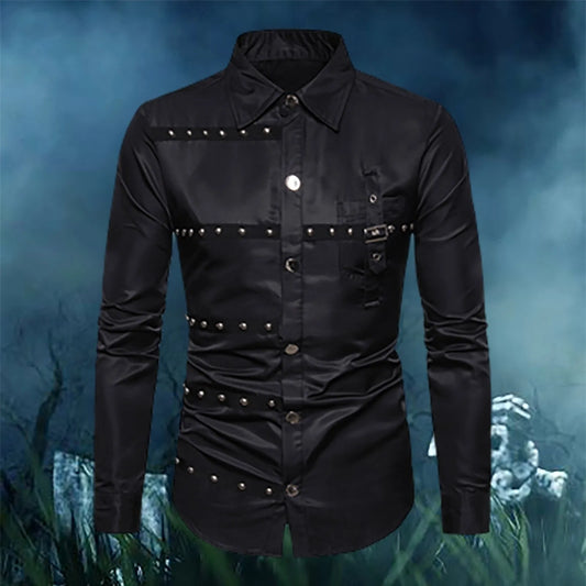 Gothic Studded Men'S Long Sleeve Shirt Halloween Medieval Belt Black Shirt Classic Vintage Party Performance Men'S Clothing