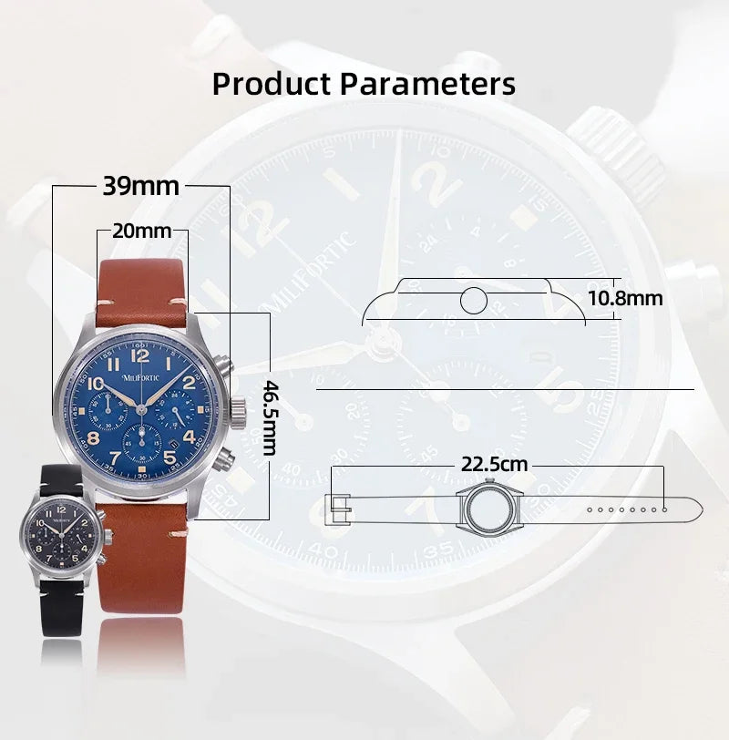 Milifortic Solar-powered Military Chronograph Watch Calendar 10ATM Sapphire Leather Luminou Stainless Steel Retro Quartz Watches