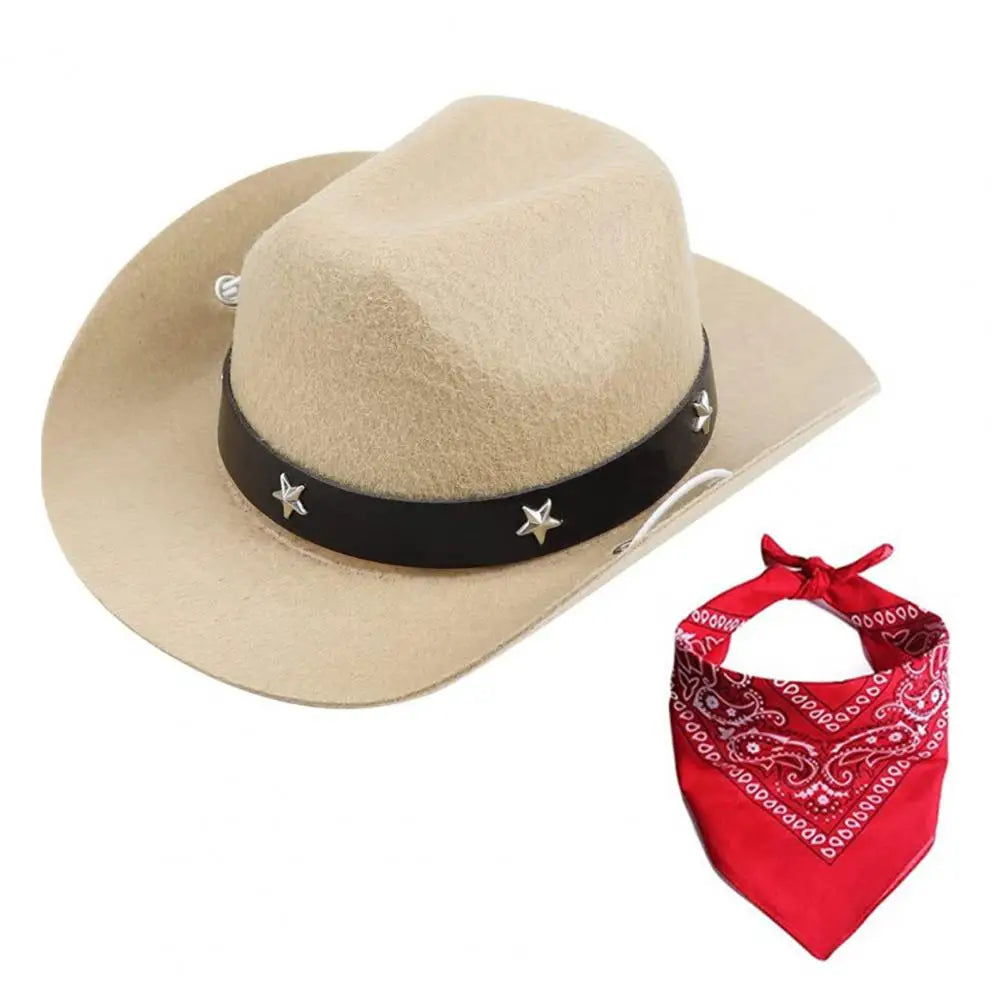 Pet Cowboy Hat Scarf Set Adjustable Buckle Pet Bandana Stylish Western Cowboy Dog Costume Set Breathable Hat Adjustable for Dogs