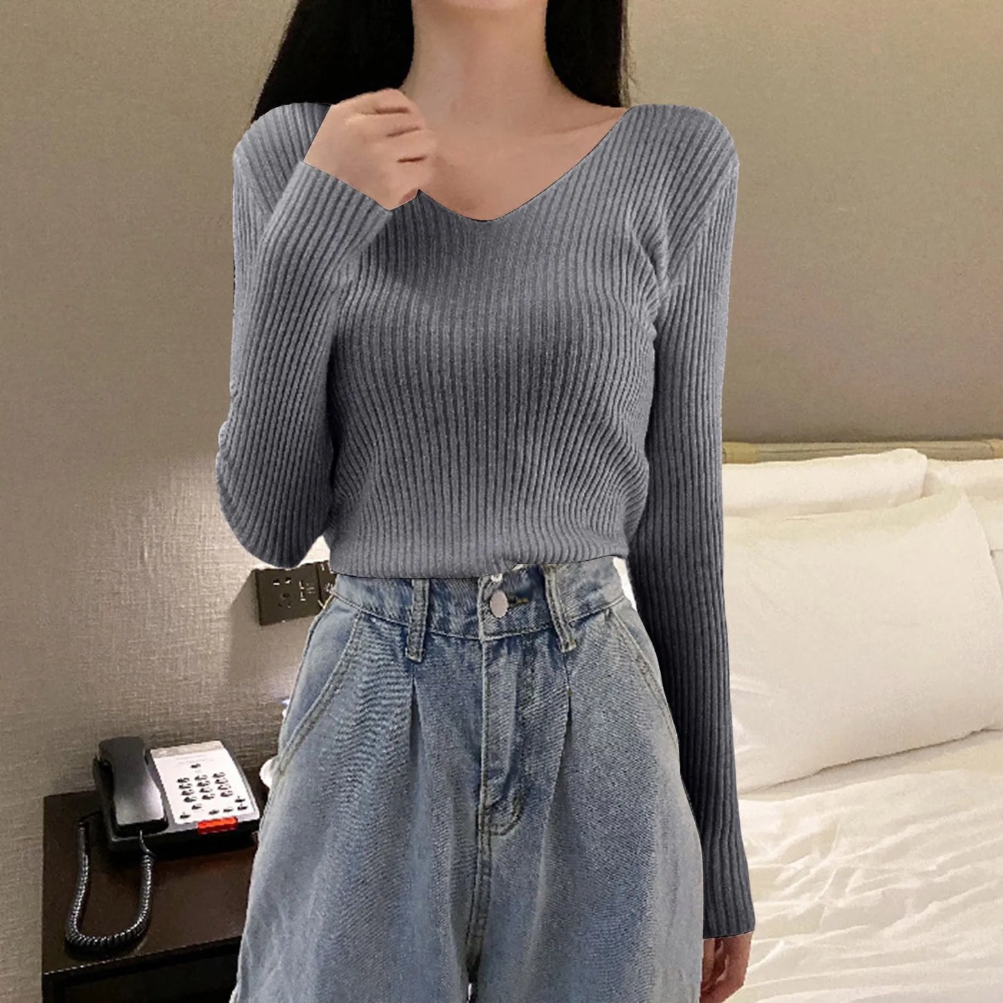 Women Basic Bottoming Pullover V Neck Sweater Autumn Winter Slim Fit Stylish Inner Wear Knitted Long Sleeve Top Tight Work Cloth