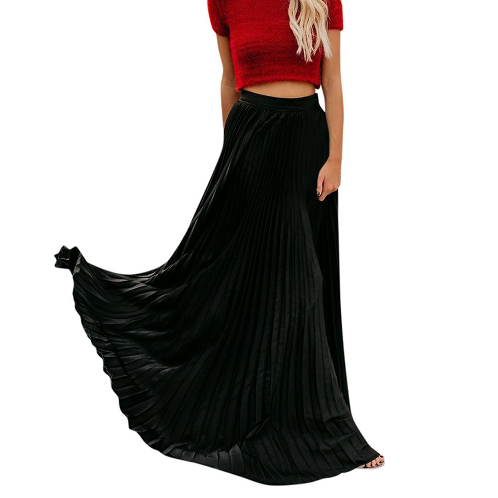 2022 Fashion Womens A-line Pleated Red Skirts Summer Jupe Longue Elastic Vintage Elegant Chic Loose Long Skirt Dropshipping