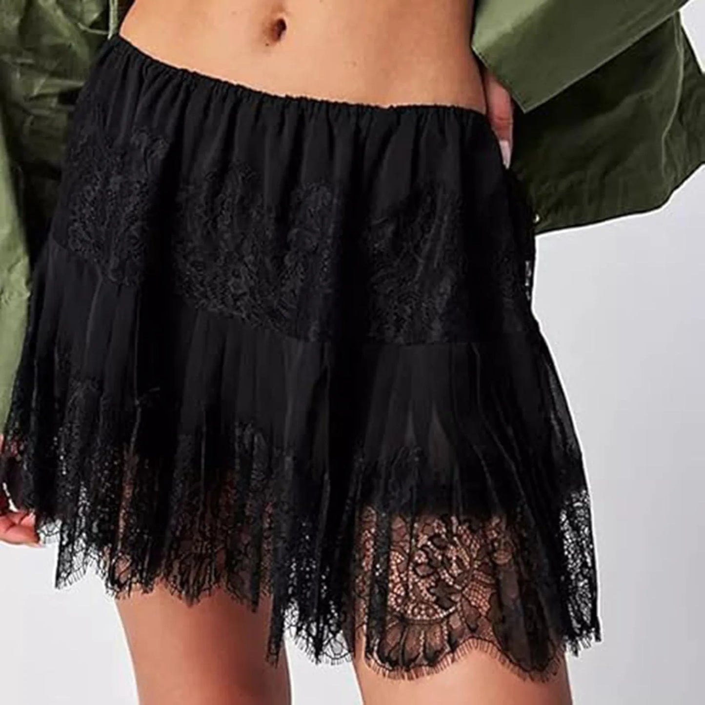 Gothic y2k Street Girl Mini Skirts Sexy Lace Mesh Tassel Irregular Hem Ruffle Pleated Short Skirt Summer Solid Color Faldas 2024