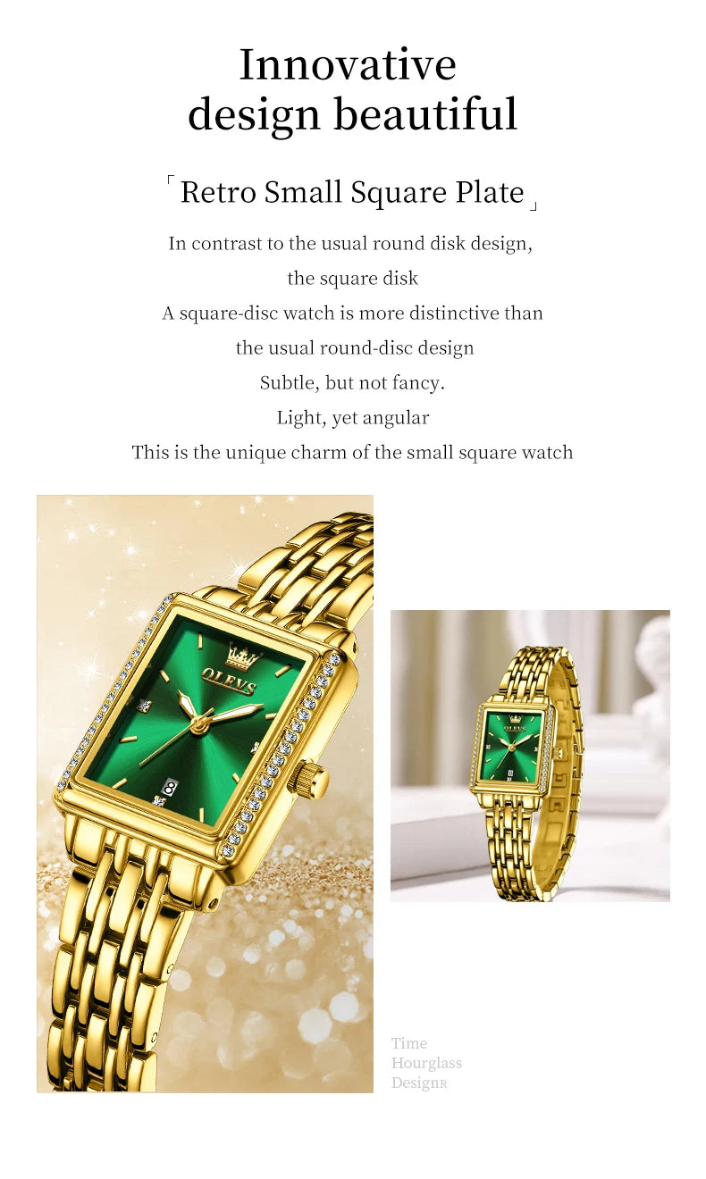 OLEVS Women Watches Fashion Golden Green Stainless Stain Steel Ladies Watch Waterproof Quarzt Wristwatch Romatic Girlfriend Gift