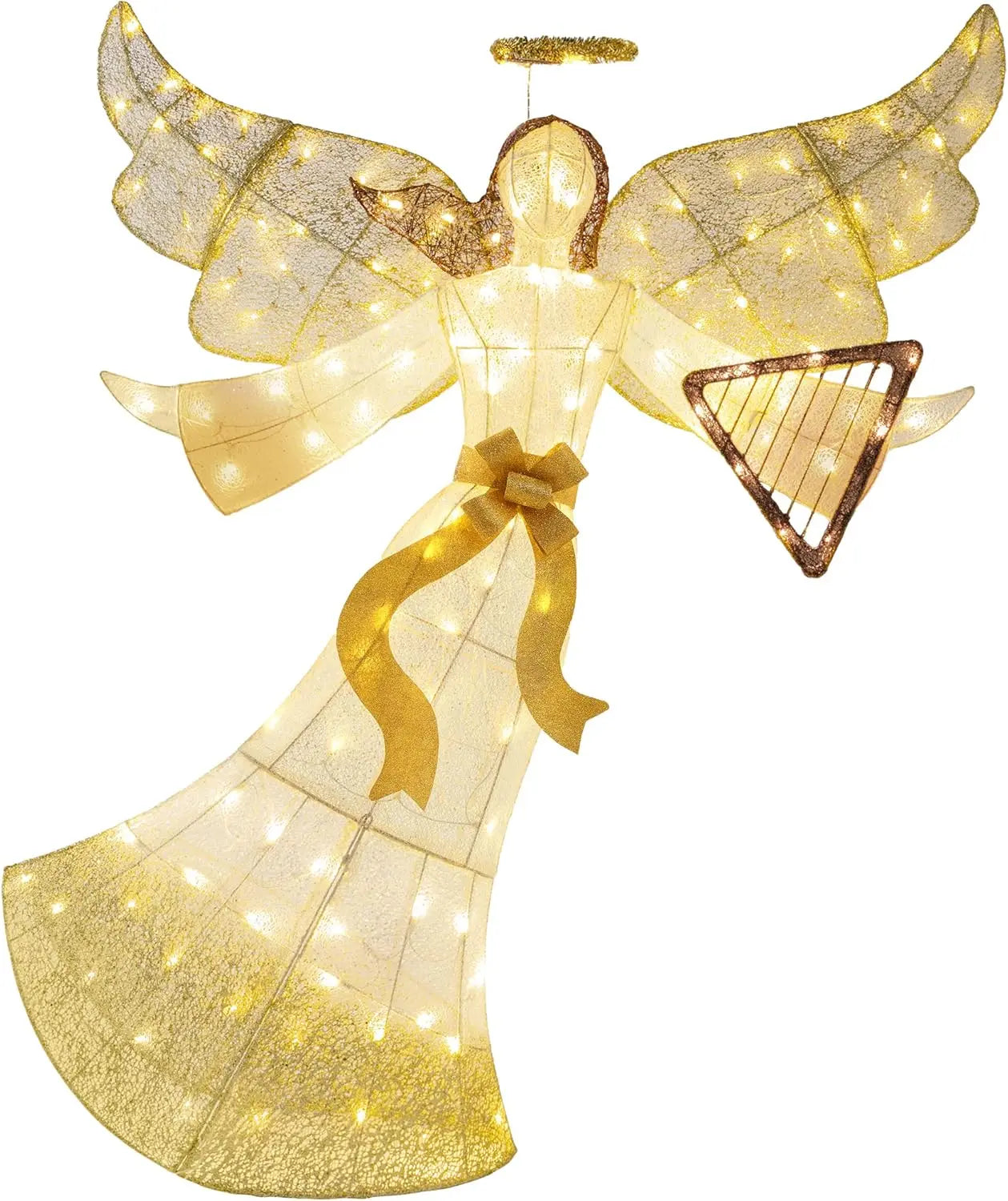 5ft Lighted Outdoor Angel Christmas Decoration, Pre-Lit Winged Holiday Figure for Lawn w/ 140 LED Lights, Harp, Bow