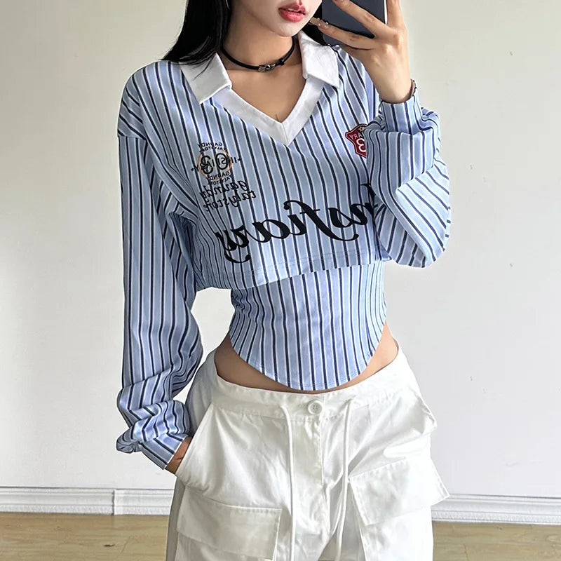 Waist Seal Street Shooting Striped Letter Printed T-Shirt Grunge Irregular Bottom Shirt Women Casual Striped T-Shirt Fitted Top