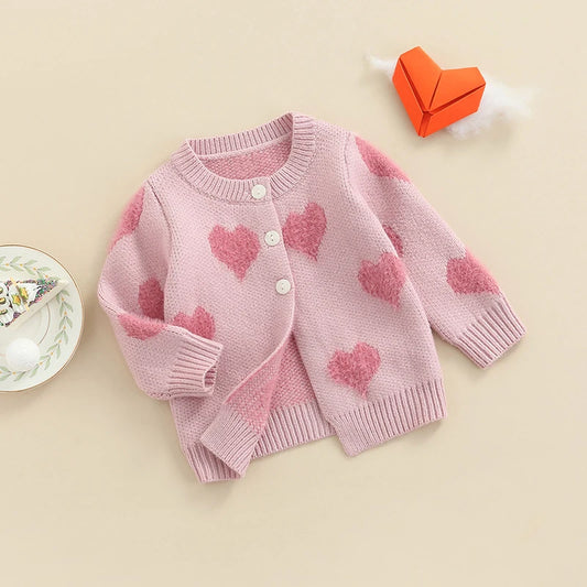 Adorable Newborn Knit Cardigan Sweater Coat Infant Toddler Girl Boy Heart Pattern Long Sleeve Button Closure Jacket Top