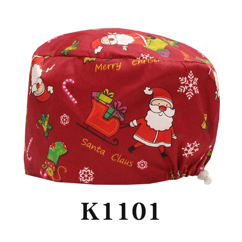 Santa Claus Print Surgical Caps Christmas Scrub Hats Dental Hospital Nurse Headwear Durable Medical Caps Soft Cotton K1093