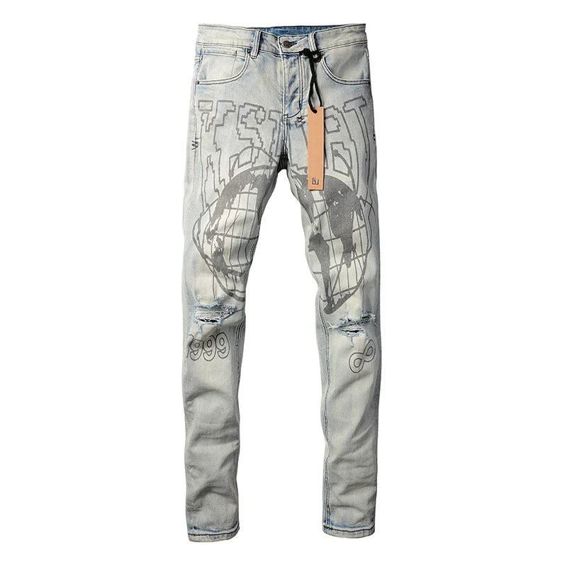 Men's Distressed Light Indigo High Street Skinny Brand High Quality Ripped Jeans