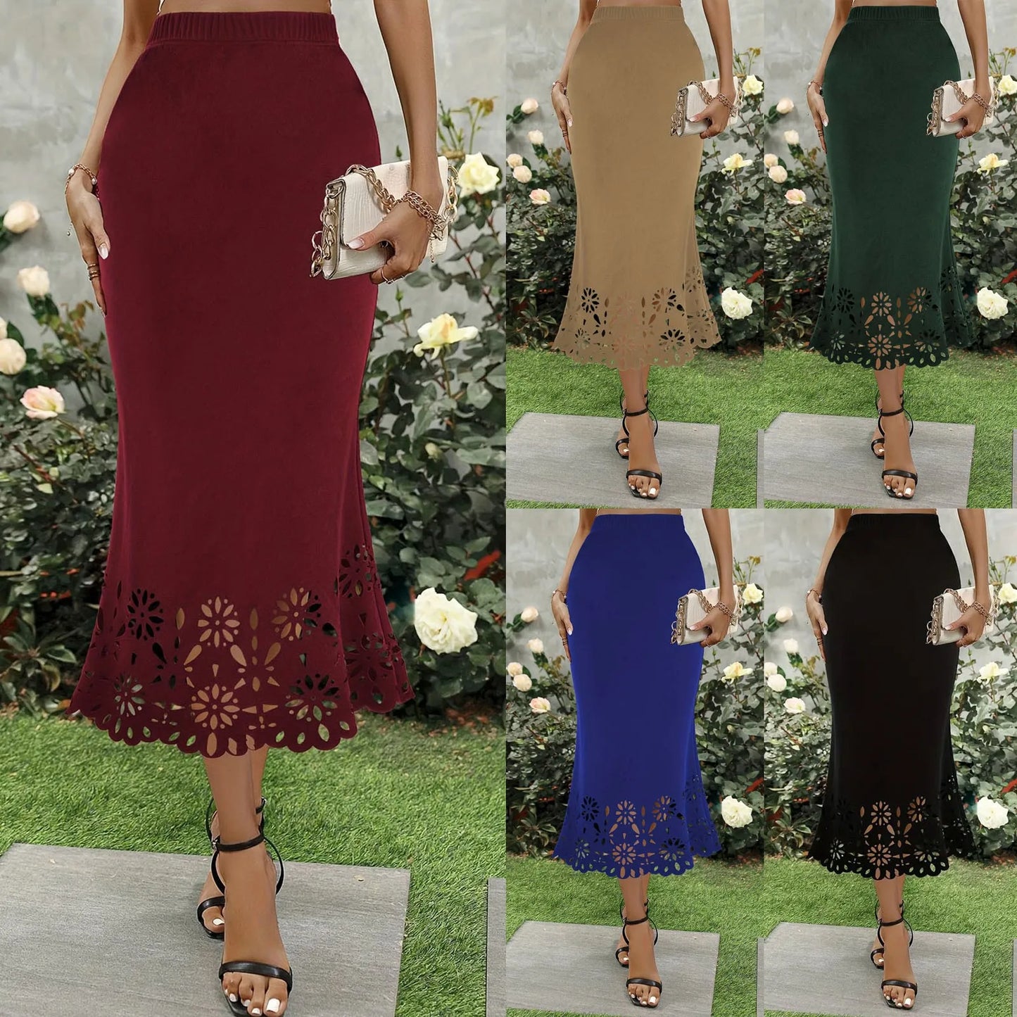 Women Solid Color Hollow Out Hip Wrapped Dress Elegant Women Sexy Bodycone Fishtail Skirts Hig Waisted Temperament Commute Skirt