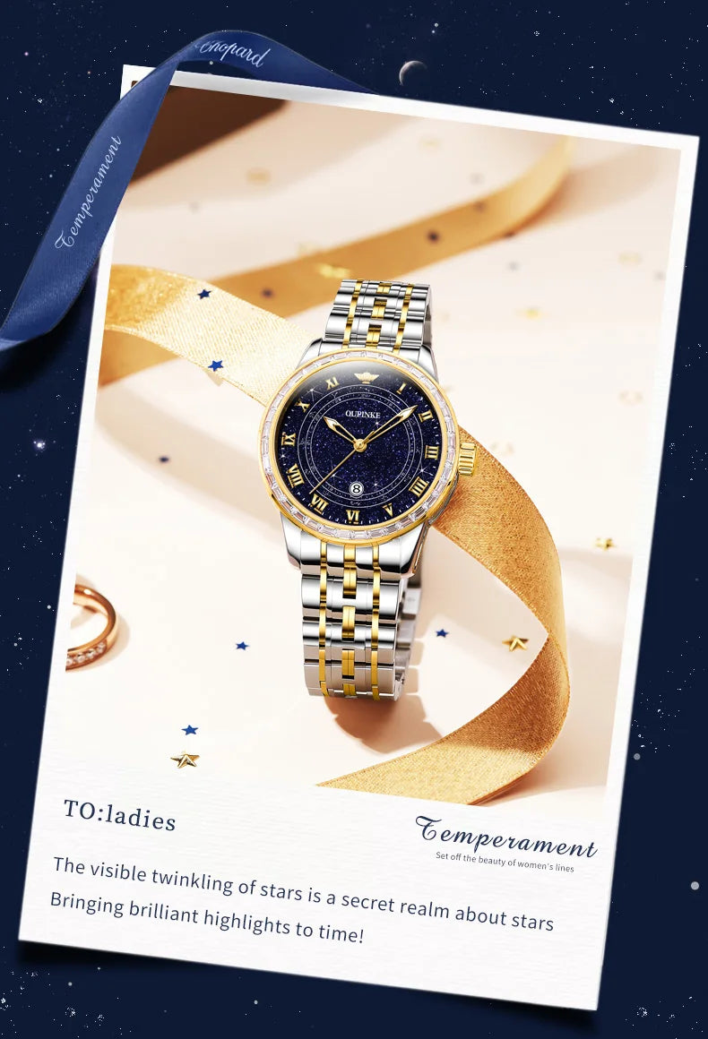 OUPINKE Top Luxury Brand Women's Watches Calendar Automatic Mechanical Watch Starry Sky Dial Romantic Gift Female Wristwatch