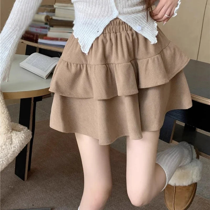 Autumn Winter, High-waisted, Solid Corduroy A-line Tutu Sweet and Versatile, Cake Skirt