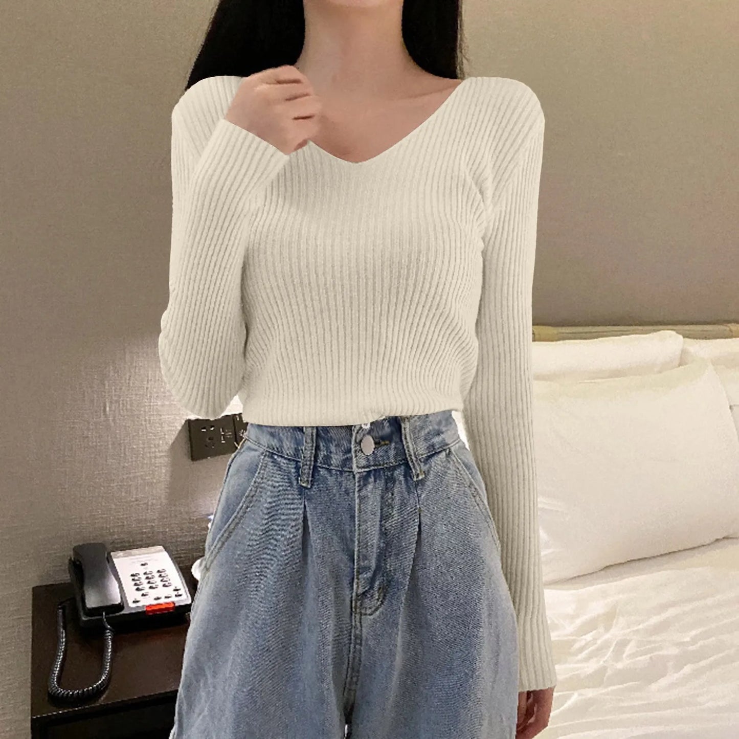 Women Basic Bottoming Pullover V Neck Sweater Autumn Winter Slim Fit Stylish Inner Wear Knitted Long Sleeve Top Tight Work Cloth