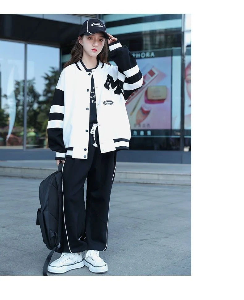 Girls Contrast Alphabet Single-breasted Sweat Varsity Jacket+Drawstring Sweatpant Set School Kids Tracksuit Child Outfit 3-14Yrs