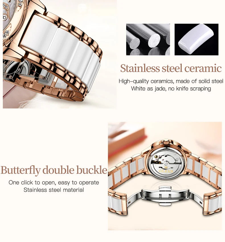 OLEVS 6631 Luxury Date Mechanical Watch For Women Original Ceramic Steel Strap Woman Wristwatch Deep Waterproof Dress Watches