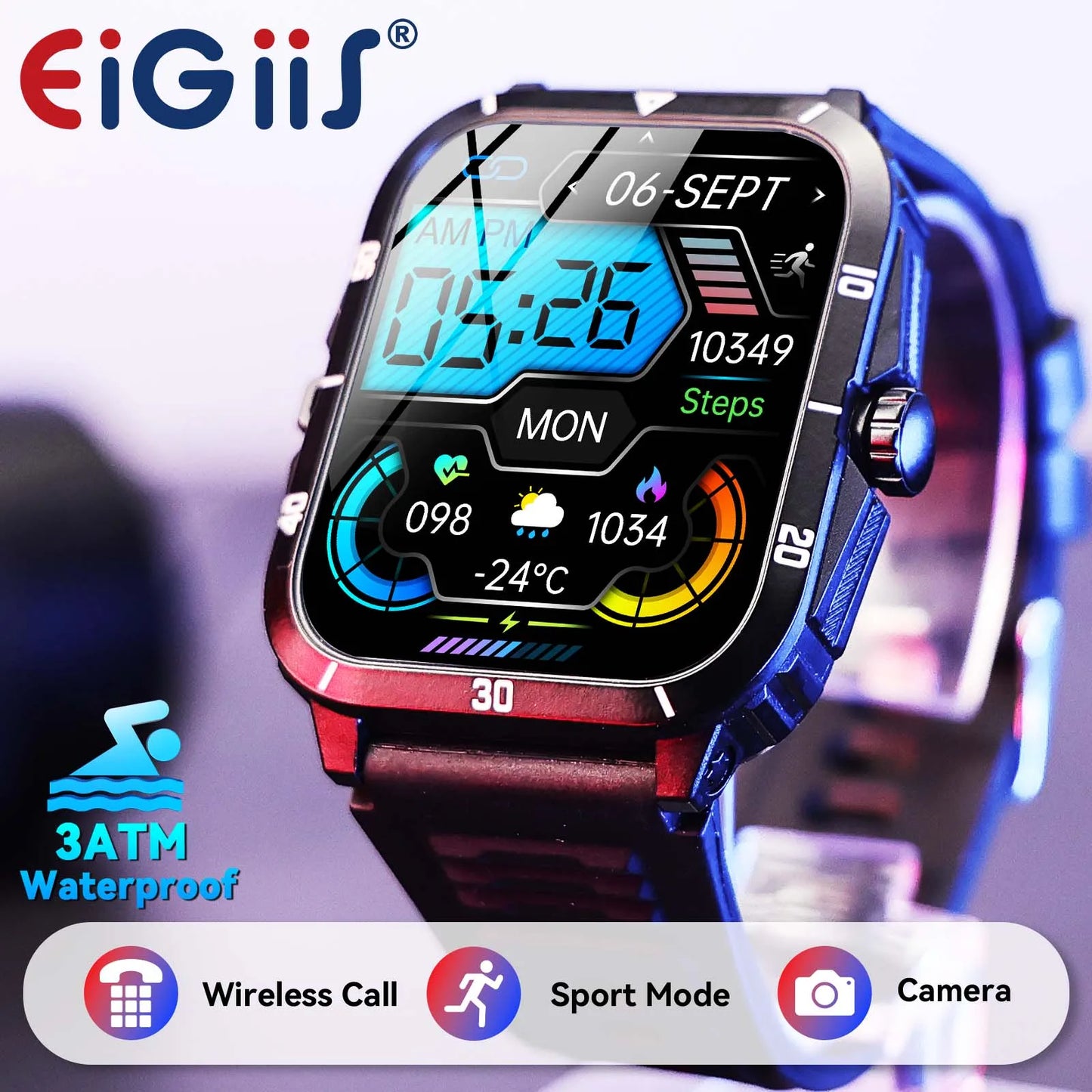 EIGIIS Smart Watch 3ATM Waterproof 1.96" IPS Screen Military KT71 Men 100+ Sport Mode Heart Rate Blood Pressure Bluetooth Call