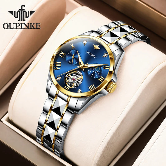 OUPINKE Fashion Luxury Brand Women's Watches Elegant Hollow out Moon Phase Automatic mechanical Watch Original Female Wristwatch