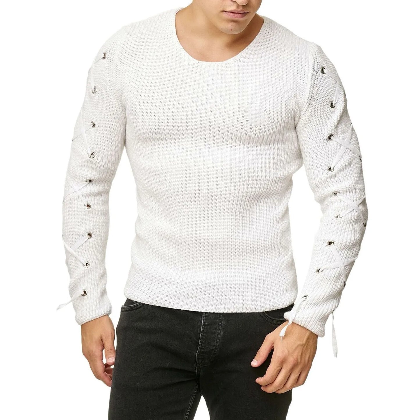 Metal Hole Sleeve Men's Pullover Sweater O Neck Knitted Solid Casual Men's Clothing Sweaters Male Jumper Streetwear Pullover