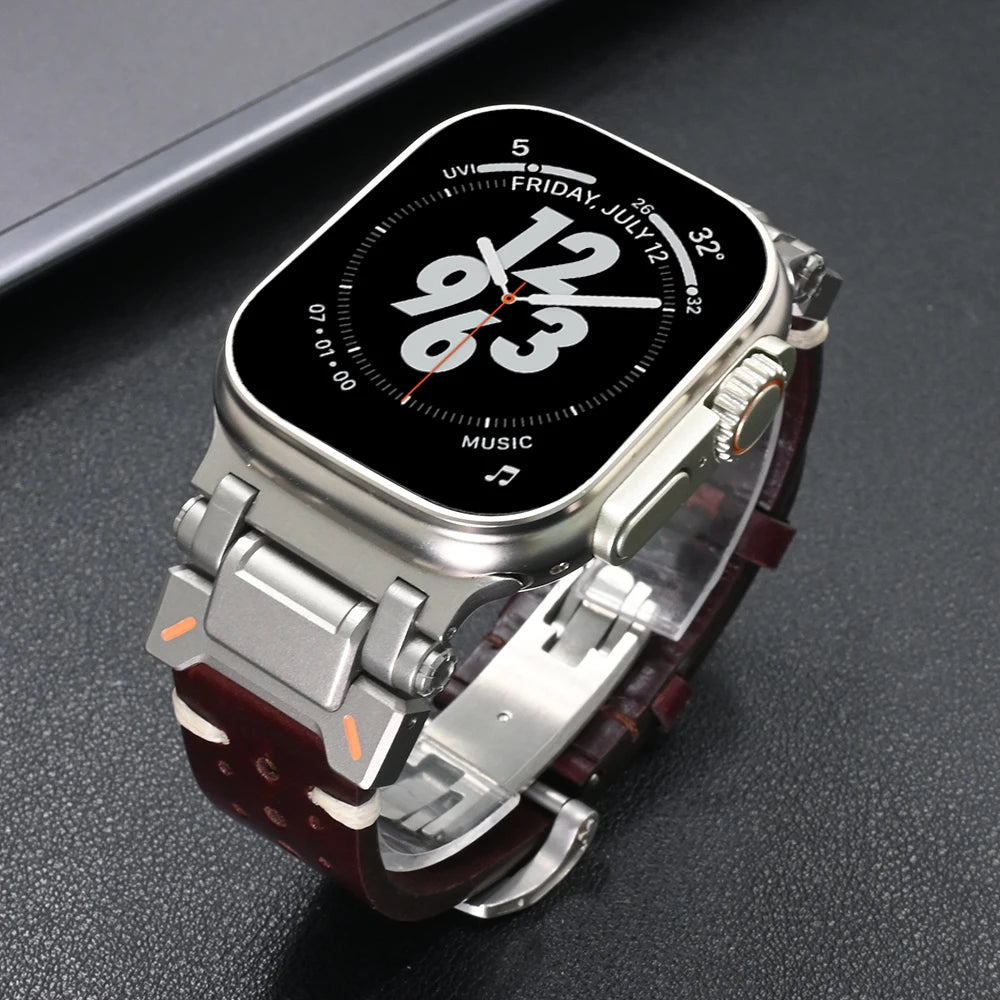 Leather Band for Apple Watch Ultra 2 49mm Series 10 46mm Strap for iWatch Series 9 8 7 45mm 4 5 6 se 44mm Luxury Metal Bracelet