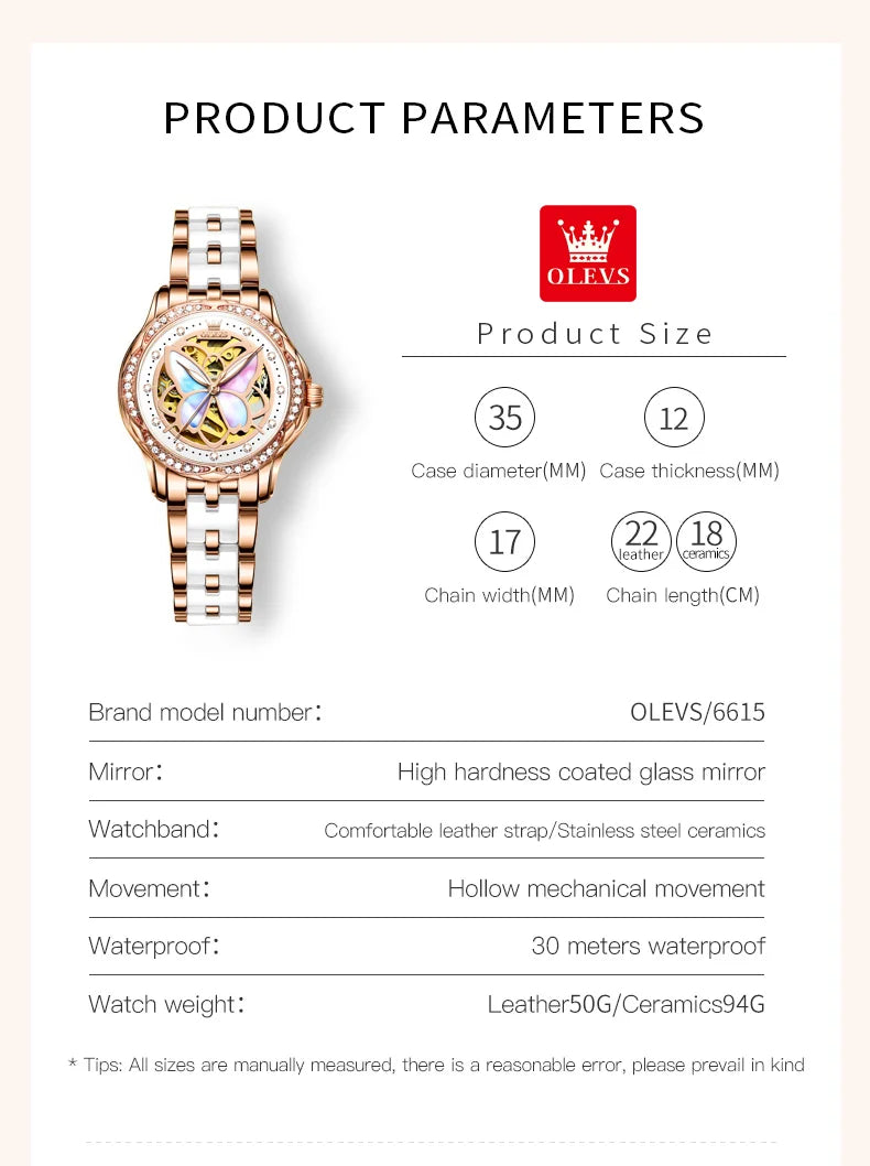 OLEVS Automatic Mechanical Watch for Women Colorful Fritillary Butterflies Luxury Elegant Ceramics Watchband Ladies Wristwatches