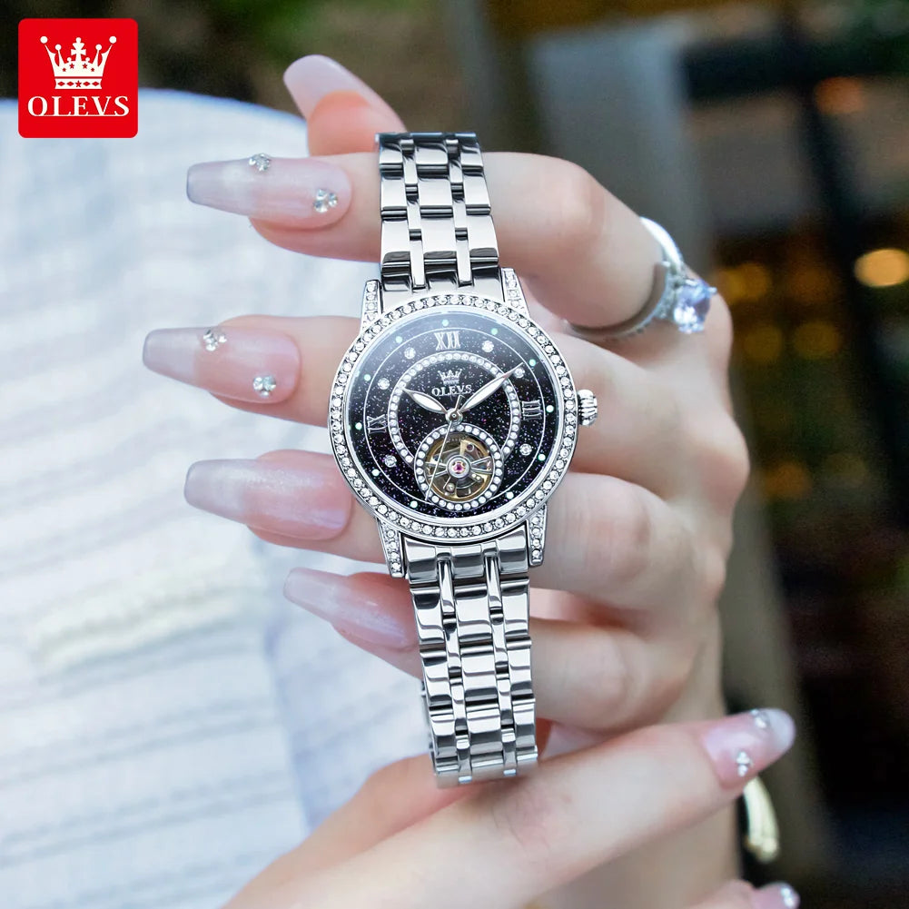 OLEVS 7036 Hollow Original Mechanical Watch For Women Diamond Luxury Automatic Hand Clock Waterproof Elegant Woman Dress Watches