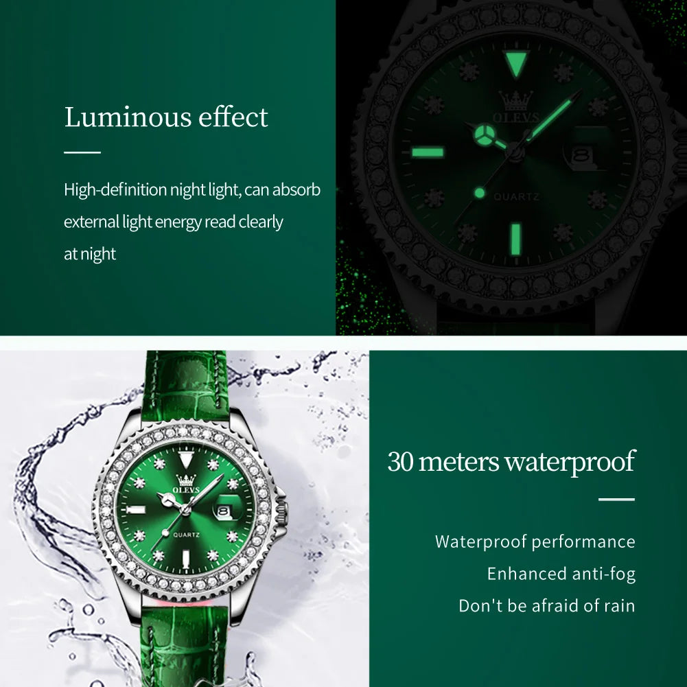 OLEVS Original Quartz Ladies Watch Luxury Diamonds Steel strip Leather strap Luminous Waterproof Diving Green Men's Quartz Watch