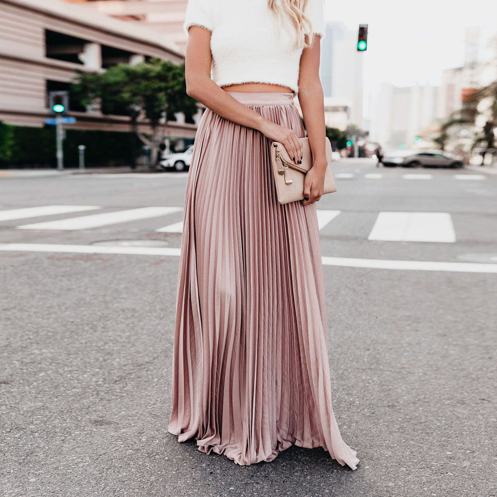 2022 Fashion Womens A-line Pleated Red Skirts Summer Jupe Longue Elastic Vintage Elegant Chic Loose Long Skirt Dropshipping