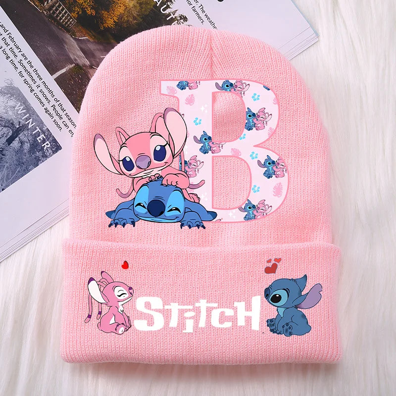 Stitch Angel Girls Knitted Caps Baby Hat Kawaii Cartoon Letter A-Z Printed Beanie Kids Winter Warm Accessories Christmas Gifts