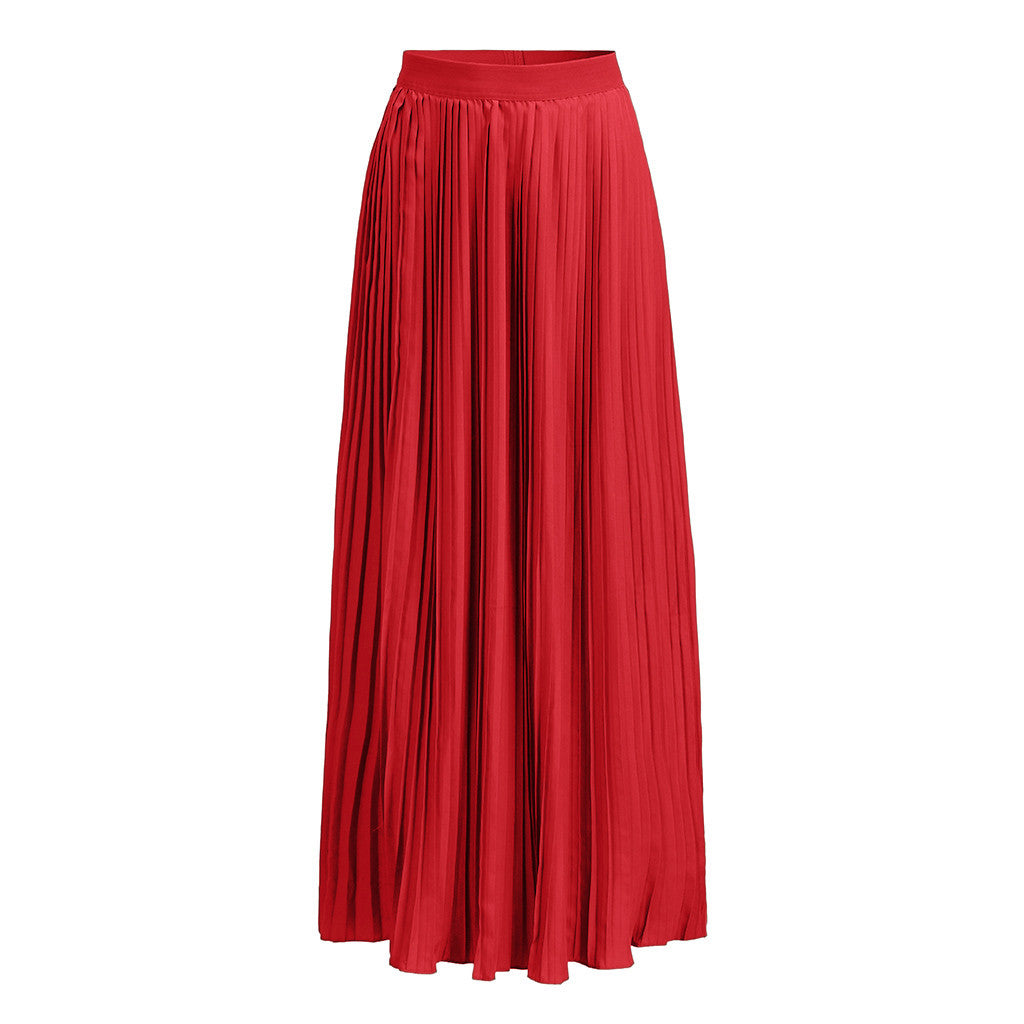 2022 Fashion Womens A-line Pleated Red Skirts Summer Jupe Longue Elastic Vintage Elegant Chic Loose Long Skirt Dropshipping