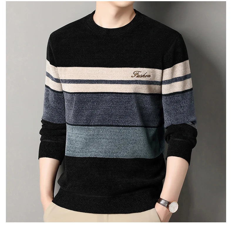 Mens Chenille Sweaters Fashion Knitting Pullover Striped Men's Autumn Winter Top Clothes Round Neck Knitted Sweaters