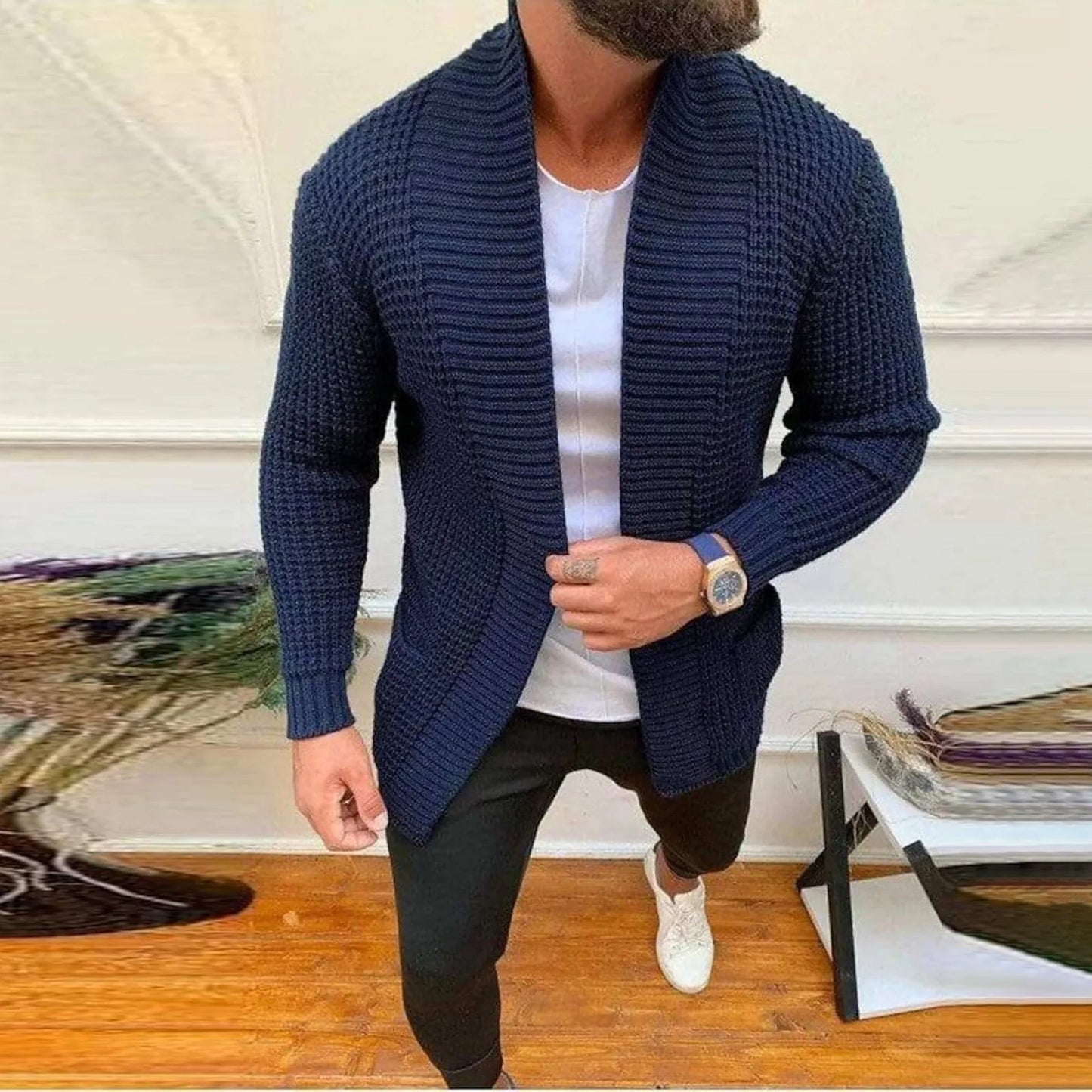 Autumn Winter Sweater Outerwear Men's Beige Knitted Cardigans Jacket Fashion Casual Long Sleeved Sweater Mens Mid Length Jacket