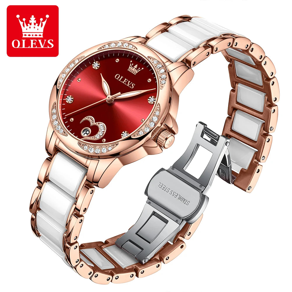 OLEVS 6631 Luxury Date Mechanical Watch For Women Original Ceramic Steel Strap Woman Wristwatch Deep Waterproof Dress Watches